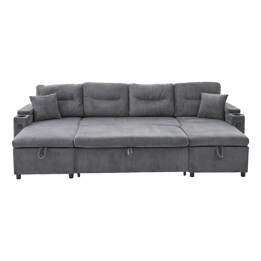 Divano moderno in velluto per 4 persone - Xylo - Con chaise longue, spazio di archiviazione, porta bevande, porte USB e funzione letto