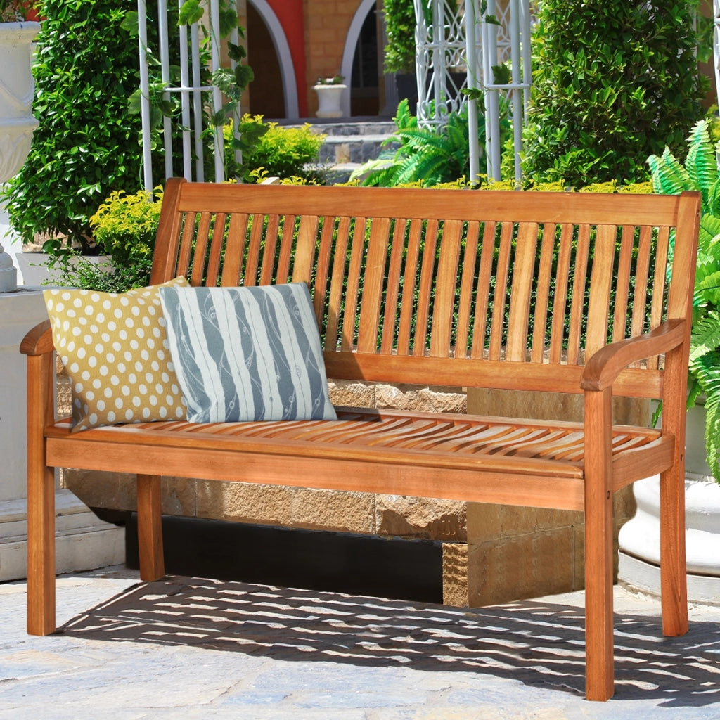 Panchina di legno 126 x 63 x 91 cm, Panchina da giardino per 2 persone con schienale curvo e braccioli ampi