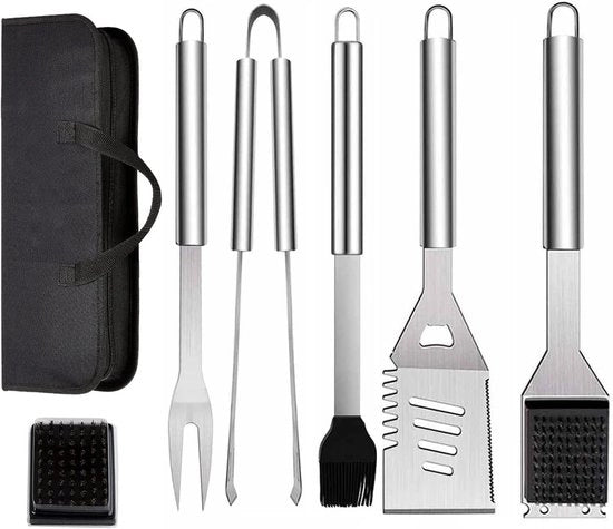 Set di accessori per barbecue 7 pezzi - Accessori barbecue in acciaio inox - Incluso contenitore portatile
