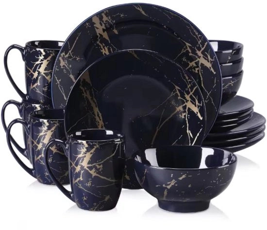 Set di piatti da tavola - 16 pezzi - 4 persone - Blu scuro/ Oro - Piatti da pranzo - Set di piatti - Piatti profondi - Piatti da colazione - Set di piatti da tavola - Arredamento da cucina