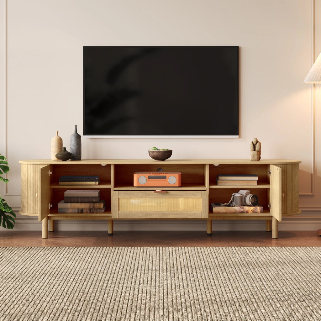 OKWISH Mobile TV con 2 Ante, 1 Cassetto e Vani Aperti, Passacavi, Stile Naturale per Soggiorno, MDF, 175 × 36 × 51 cm