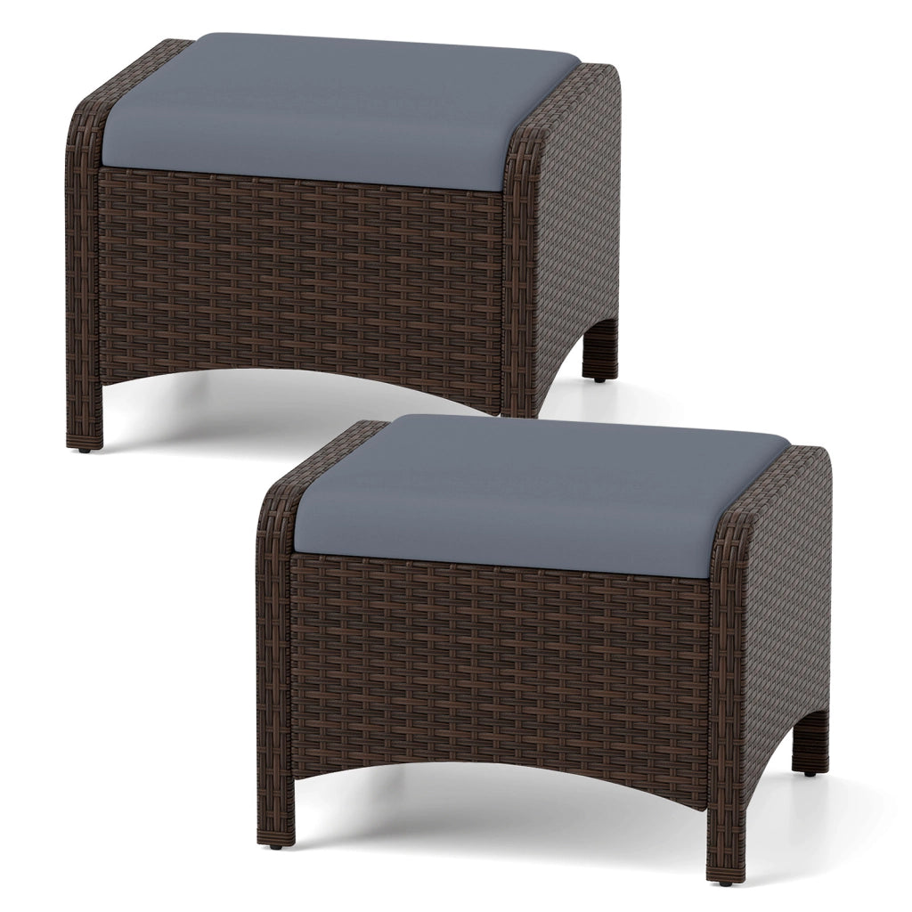 Set di 2 poggiapiedi da giardino in PE rattan con cuscino rimovibile, Pouf da esterno ottomano multiuso Grigio