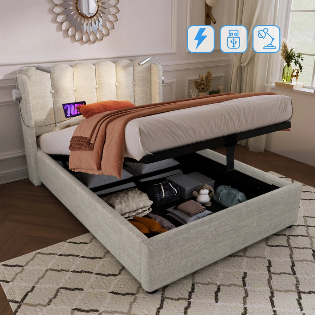 OKWISH Letto Contenitore Letto Singolo, USB, Luce da Lettura e Vano Contenitore 90 x 200 cm, con Materasso, Beige