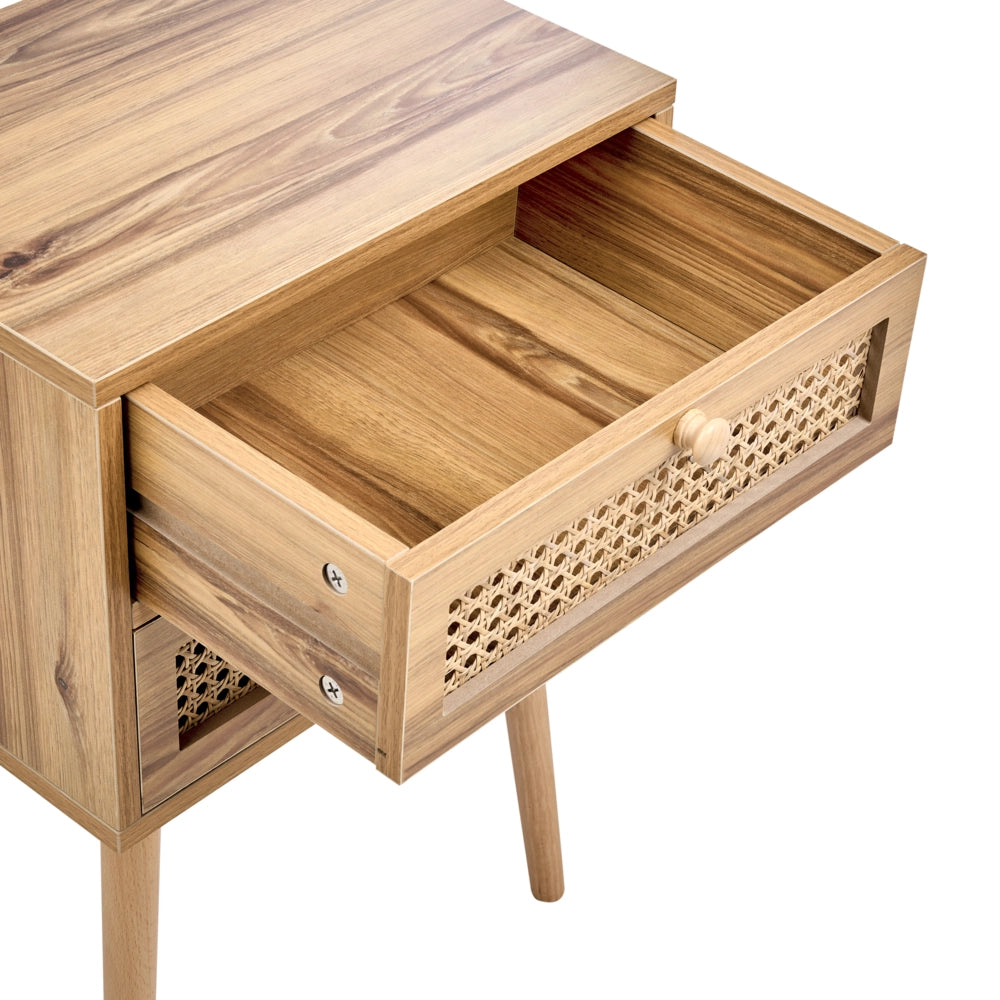 Comodino in rattan impiallacciato MDF stile boho treccia viennese marrone chiaro soggiorno camera da letto