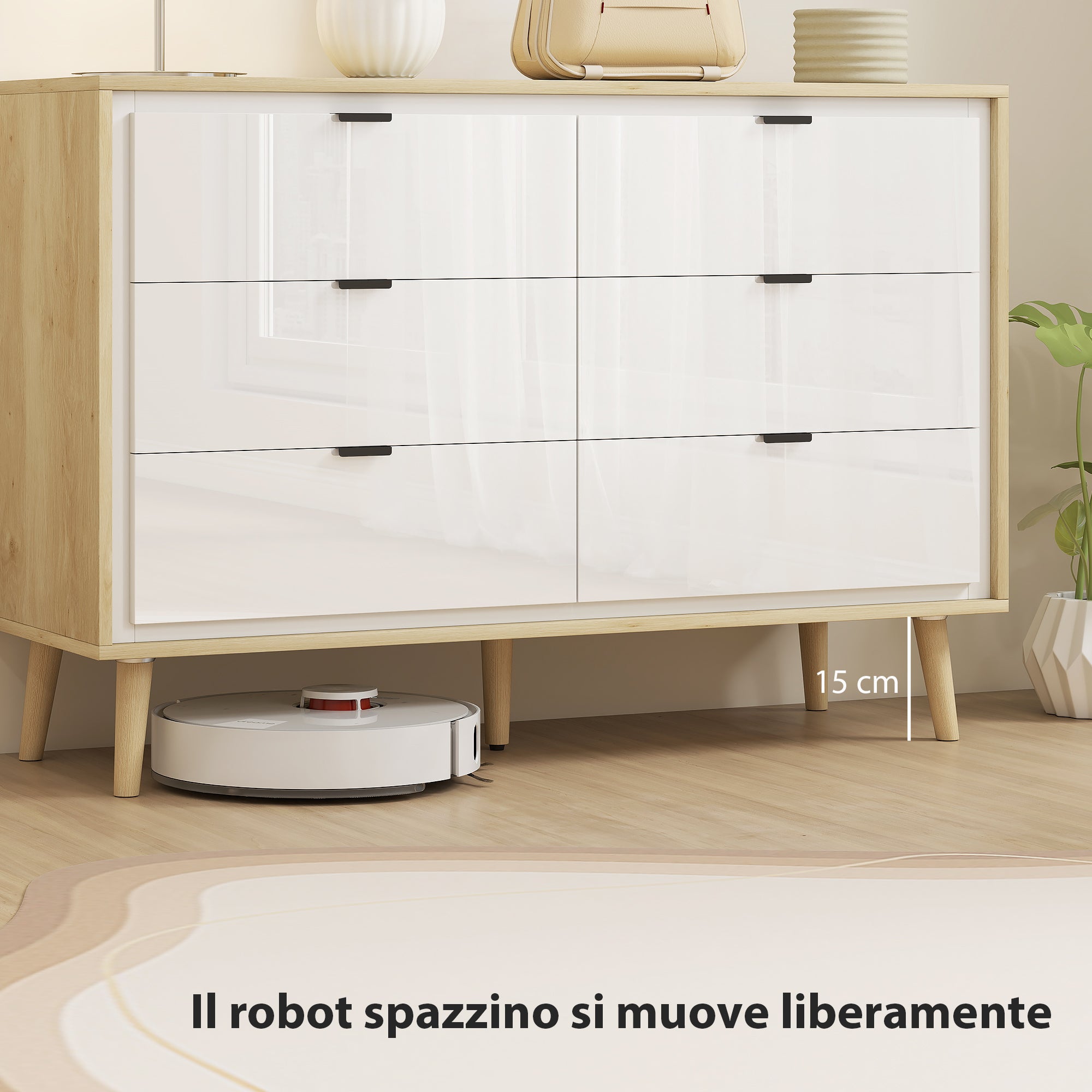 Cassettiera con 6 Cassetti 110x40x75 cm in Legno Bianco Lucido e Rovere