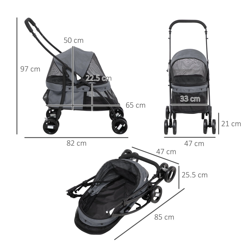 Passeggino per Cani Pieghevole 82x47x97 cm con Borsa e 2 Guinzagli Grigio e Nero