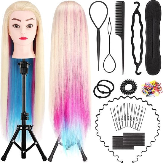 Esercizio capelli 75cm/295 in multicolore con fibre sintetiche capelli + set di stili capelli + pinza per tavolo