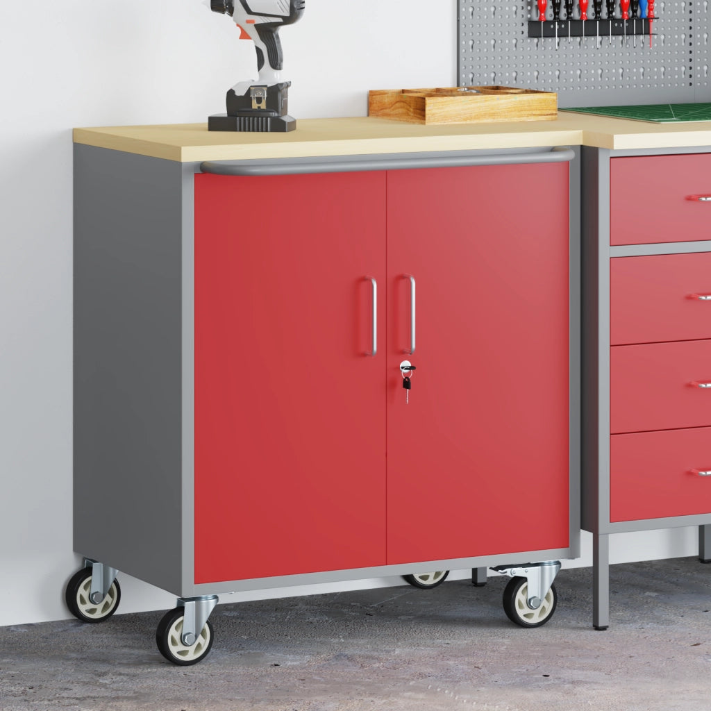 Mobile per Attrezzi con Ruote e Porte Rosse e Grigie Bloccabili 75x45x85 cm Acciaio
