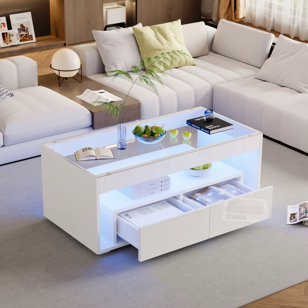 Tavolino da salotto 100x50x40 cm; LED integrata e 2 cassetti; ripiano in vetro temperato; truciolare; bianco