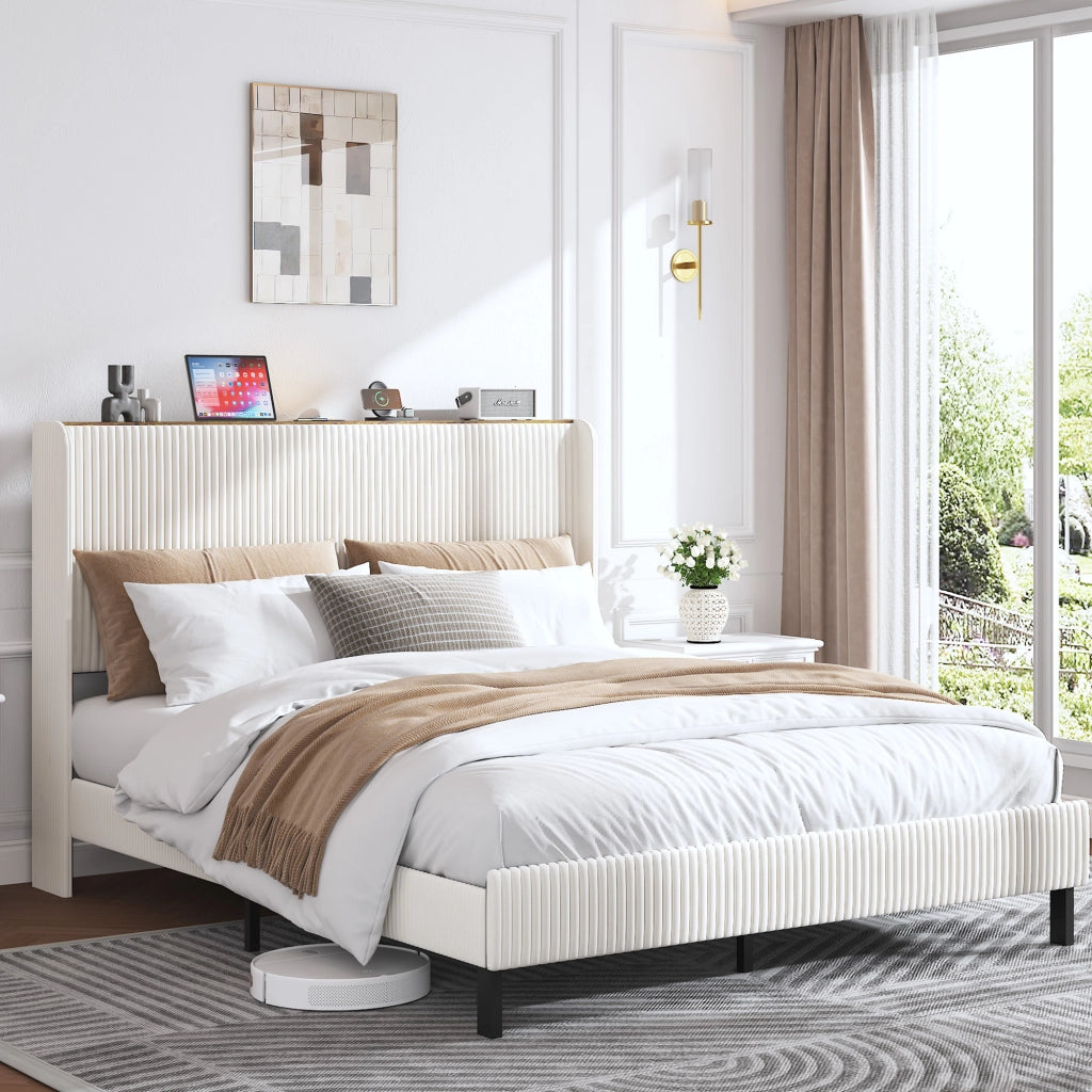 Letto a piattaforma imbottito 160x200 in tessuto; antiscivolo; doghe metalliche; senza boxspring