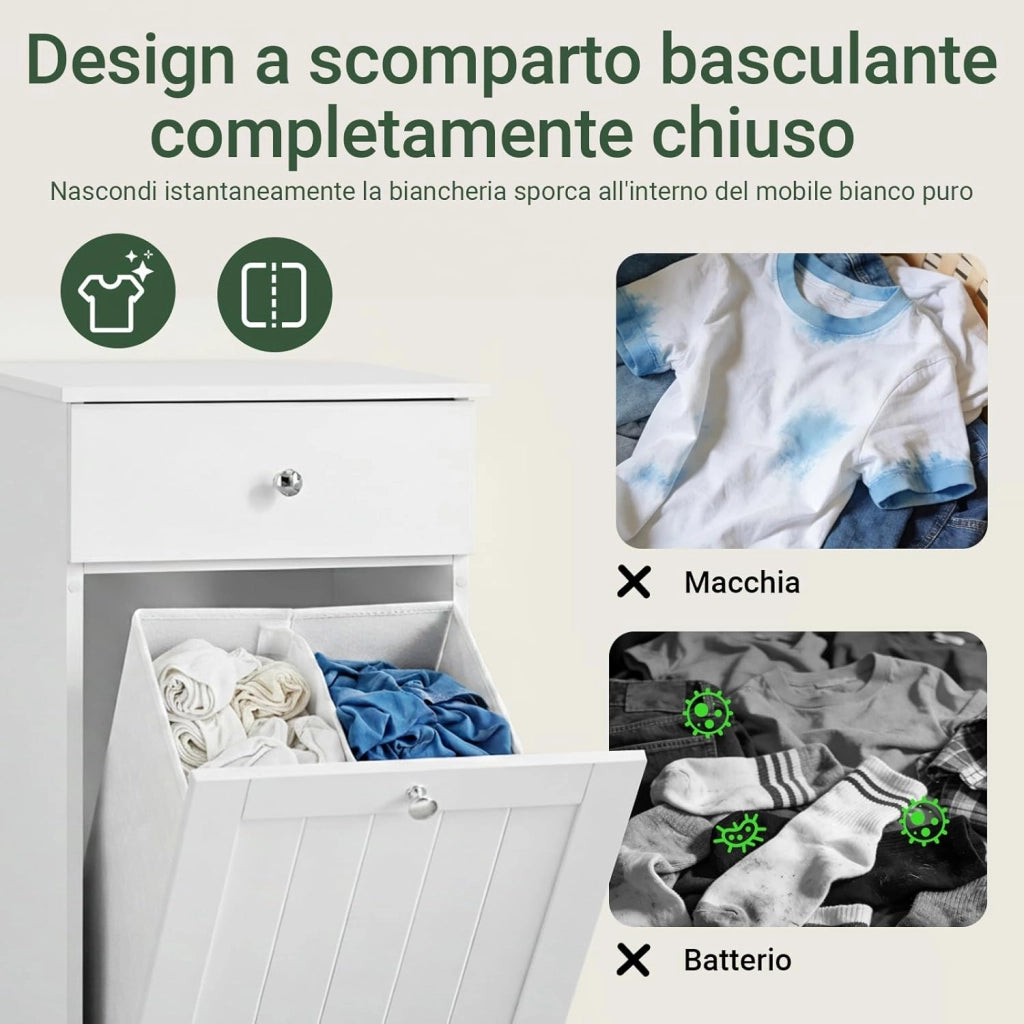 Mobiletto Bagno Salvaspazio con Cassetto e Cesto Portabiancheria Estraibile - Armadietto Stretto Verticale per Bagno Piccolo o Lavanderia - Mobile Bagno in MDF Bianco, L40×P38×H90 cm, BZR21-II-W