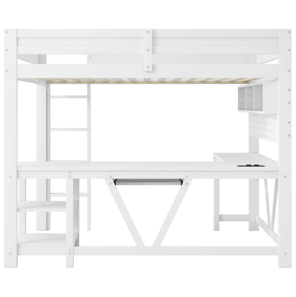Letto a soppalco 90x200 cm con scrivania; ripiani; LED e porte USB; in MDF e pino bianco