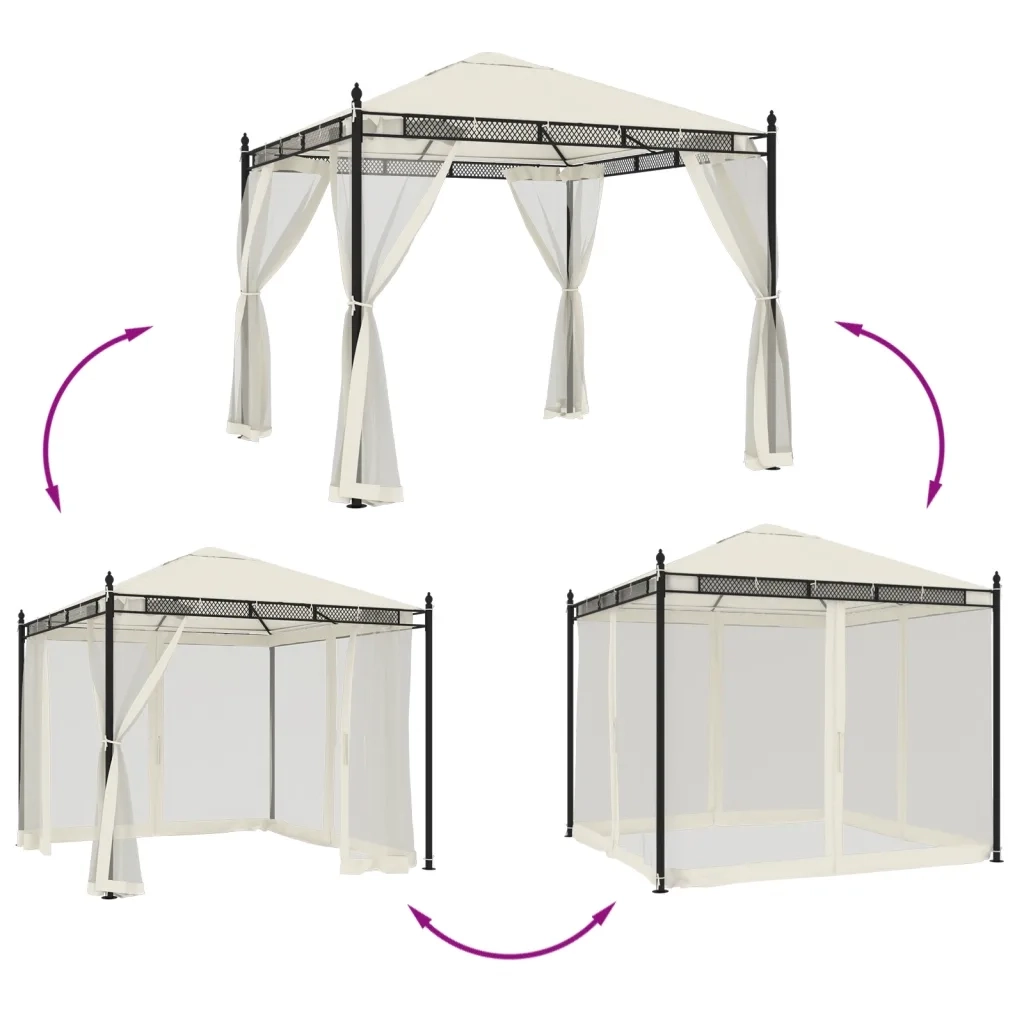 Gazebo | Pergolato con Pareti in Rete Crema 2,93x2,93 m in Acciaio