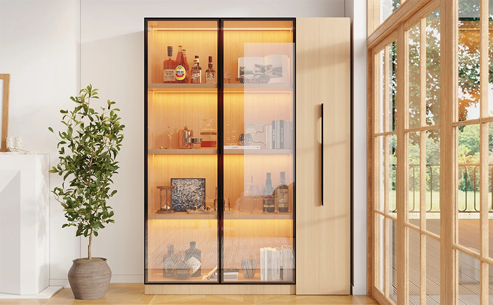 Libreria vetrina con LED e ripiano laterale estraibile, per soggiorno e ufficio, in MDF, rovere, 110,5 × 35 × 160 cm