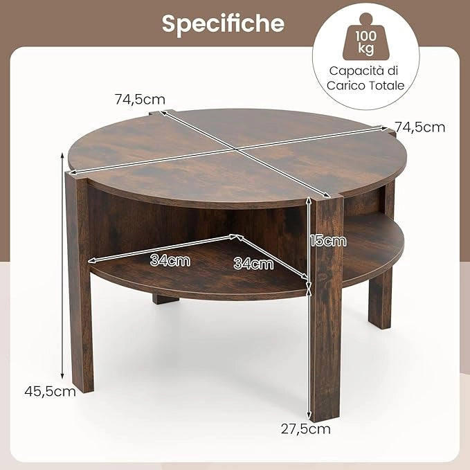 Tavolino da Caffè Rotondo con Ripiano Diviso a 4, Tavolino Basso in Legno Moderno, Tavolo per Salotto, Soggiorno e Cameretta, 74,5 x 74,5 x 45,5 cm, Bianco (Marrone)
