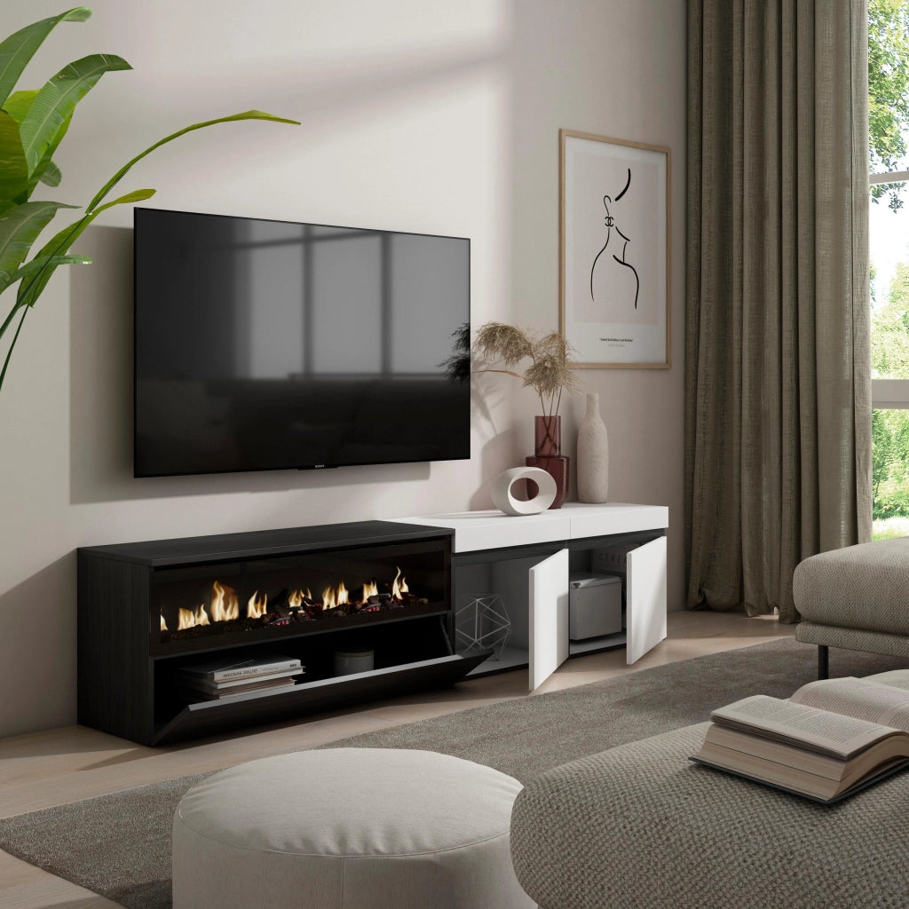 Mobile TV, 200x35x45cm, soggiorno, Per TV fino a 80", Camino elettrico, Bianco e nero RF2163
