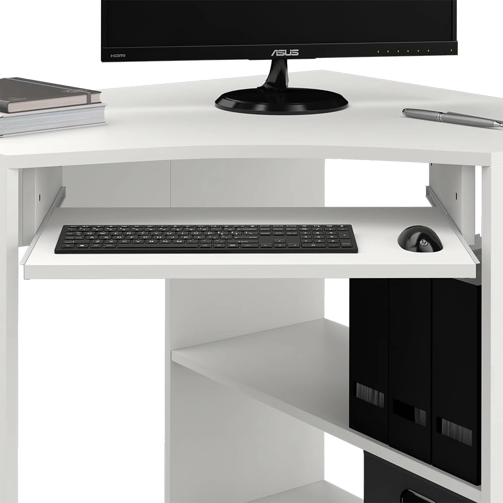 Scrivania angolare Odin, Bianco, 83 x 76 cm, con ripiano estraibile per tastiera e superfici di appoggio