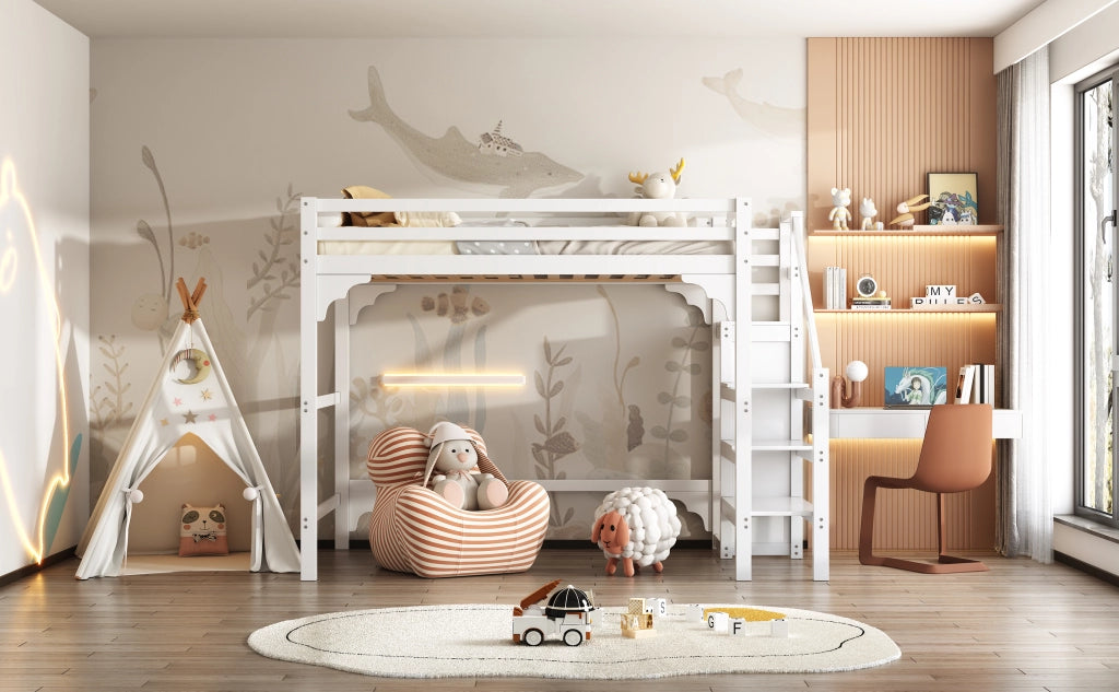 DESMIU Letto a soppalco 140 × 200 cm 2 posti con armadio, scala contenitore, senza materasso, bianco