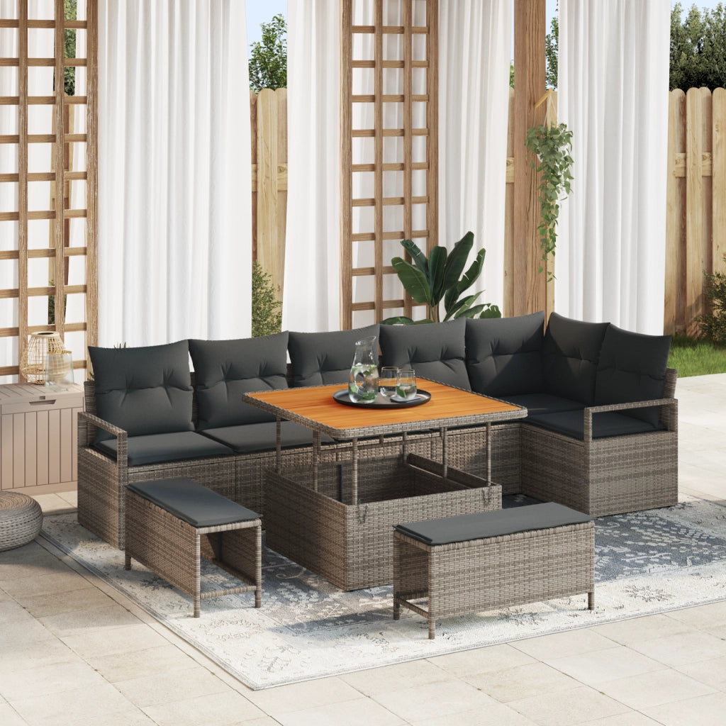 Set divani giardino  9 pezzi con cuscini grigi in polyrattan e acacia
