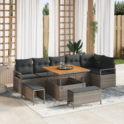 Set divani giardino  9 pezzi con cuscini grigi in polyrattan e acacia