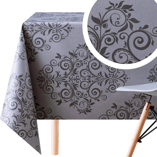 Tavolo con tovaglia di PVC lavabile stile barocco damascato - colore grafite e grigio - rilievo - forma rettangolare 200 x 140 cm - tovaglia di vinile impermeabile al lavaggio - facile da pulire