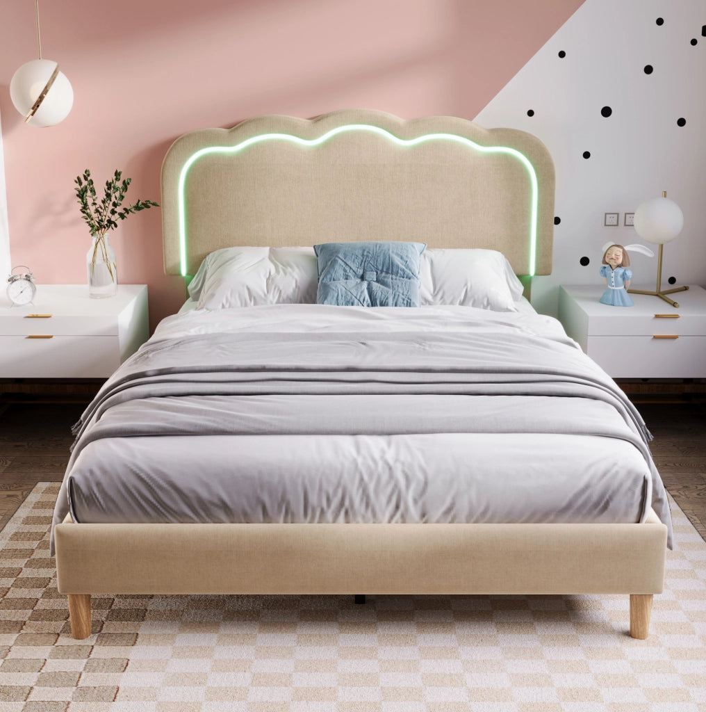 Letto matrimoniale imbottito 140x200 cm con testiera LED regolabile; beige