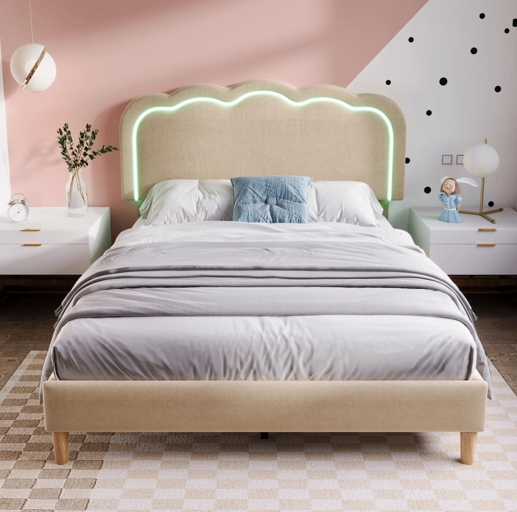 Letto matrimoniale imbottito 140x200 cm con testiera LED regolabile; beige