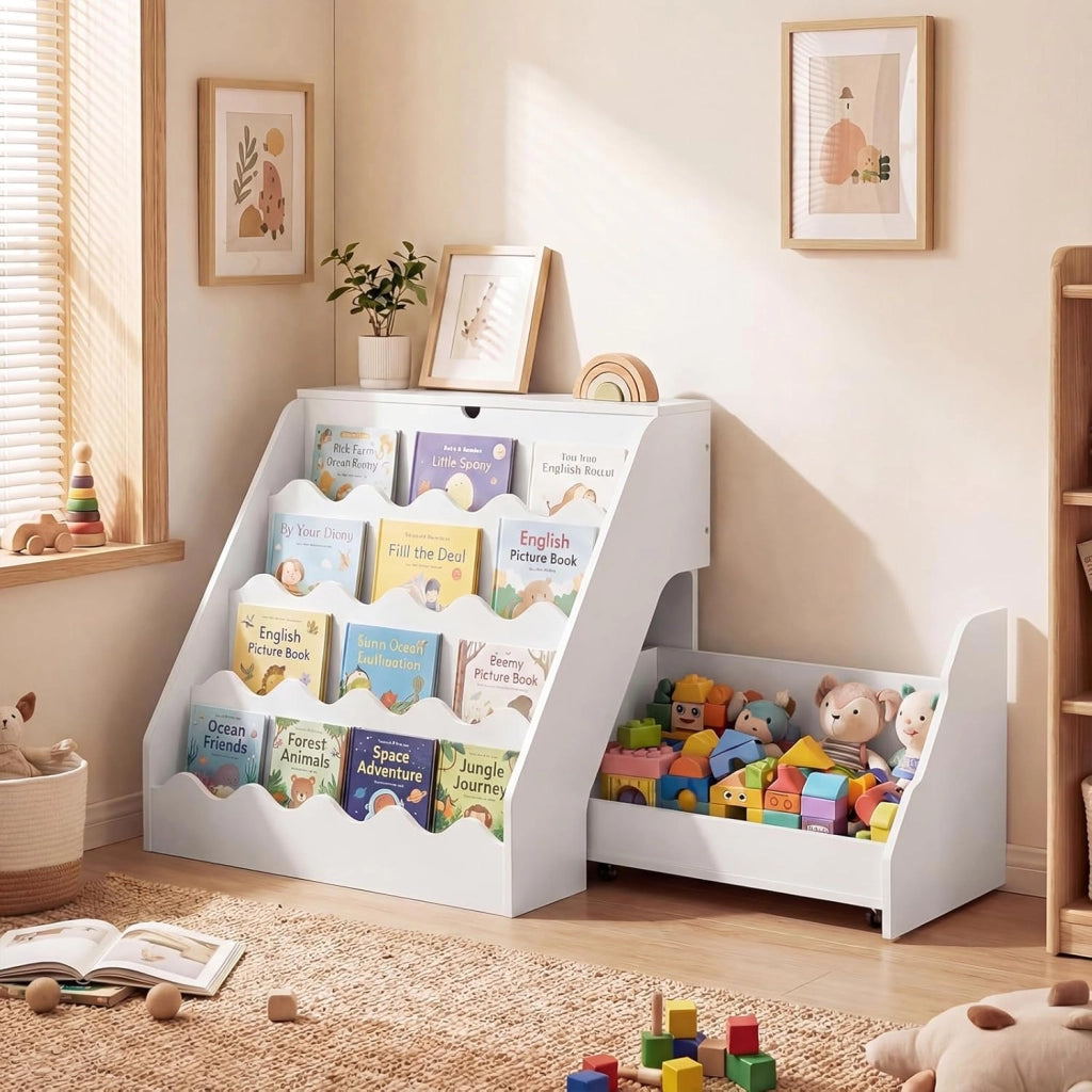 Libreria Montessoriana per Bambini 2in1, Scaffale per Libri a 4 Livelli con Carrello Portagiochi, Vano con Coperchio Ribaltabile, per Cameretta e Stanza dei Giochi, 63x49x61,5 cm (Bianco)