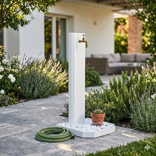 Fontana da Giardino con Rubinetto in Ottone e Base con Ciottoli 40x40x100 cm in Acciaio Bianco