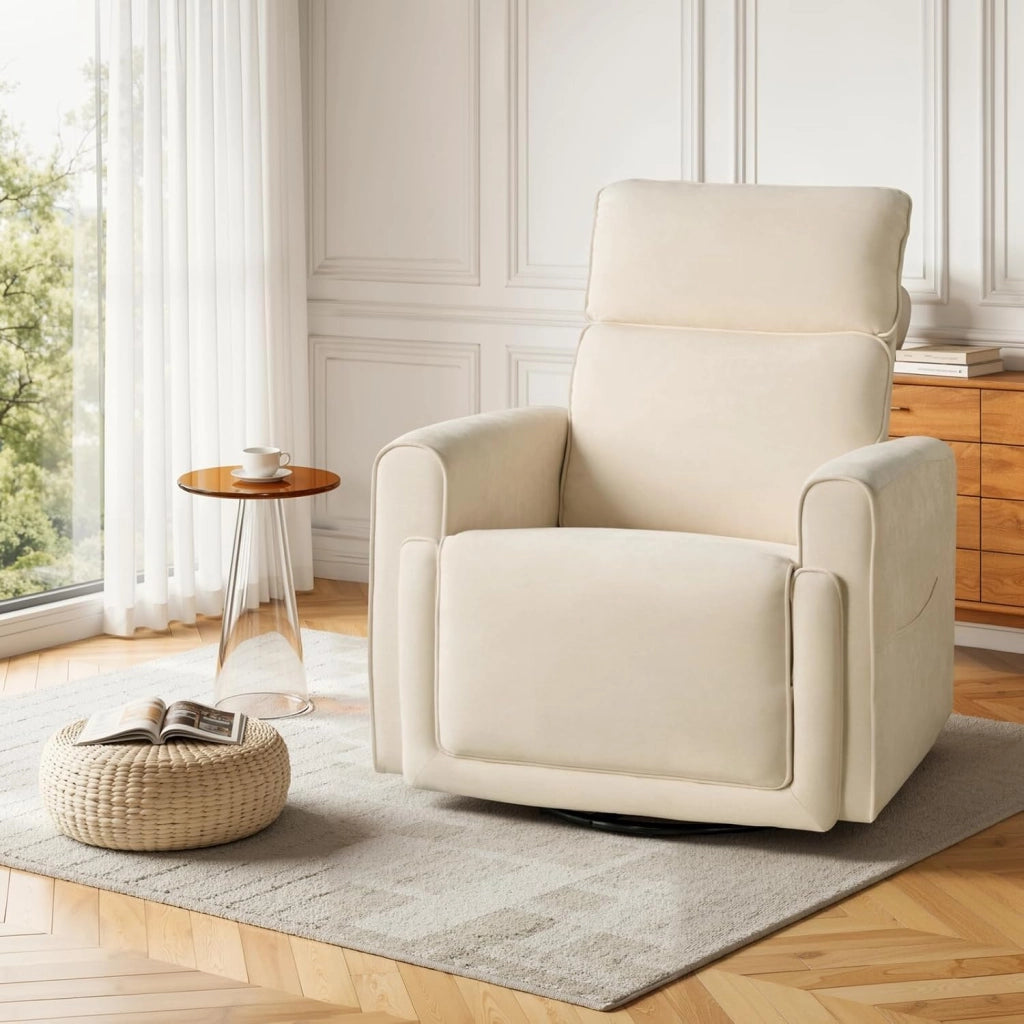 Poltrona Reclinabile Massaggiante con Funzione Riscaldamento, Sedia Ergonomica, Girevole e Oscillante, con Poggiatesta, Tasche Laterali e Porta USB, per Soggiorno, Camera da Letto, Beige