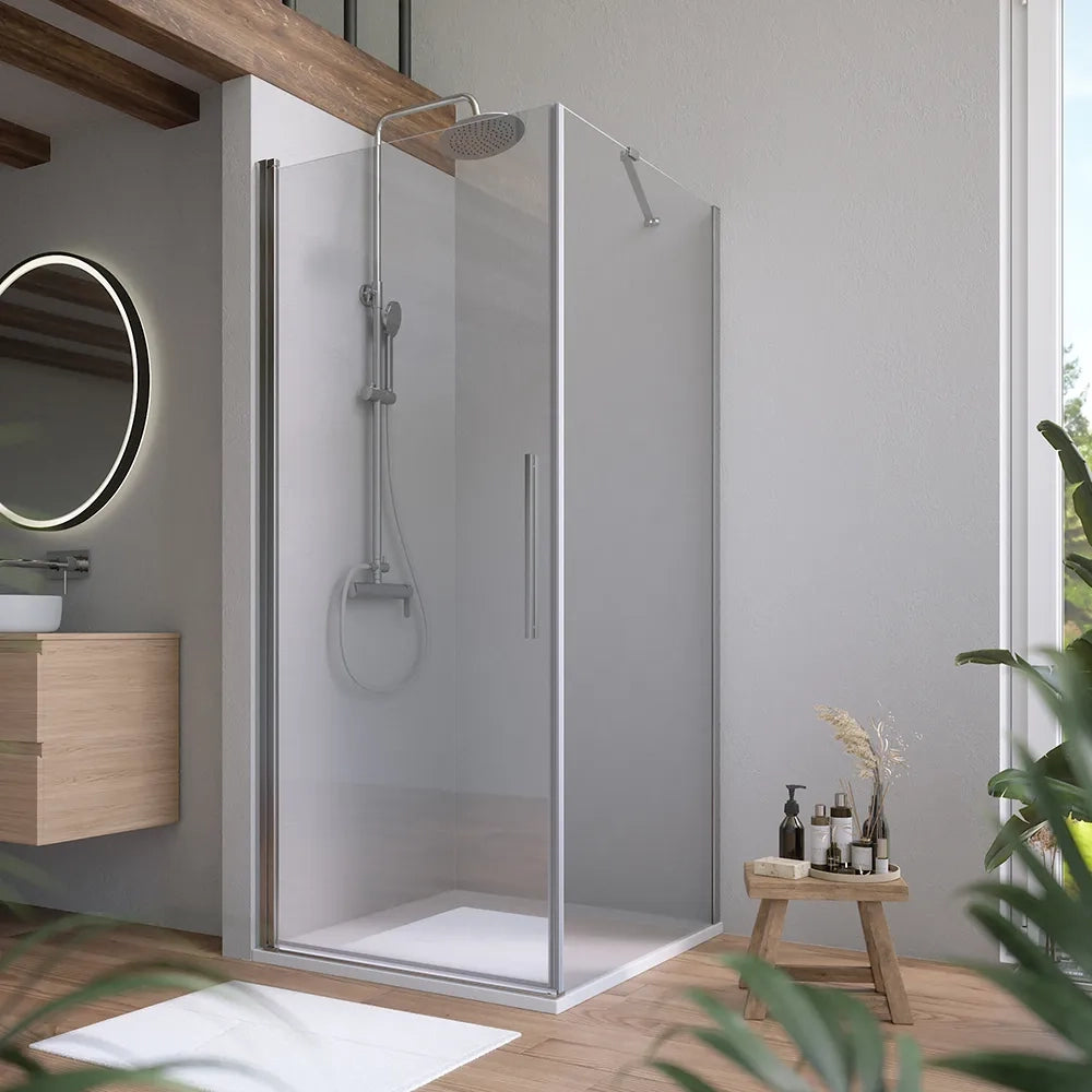Box doccia 85x70cm con apertura a battente e parete fissa, profili cromati e vetro da 6mm trasparente h195 | Elba