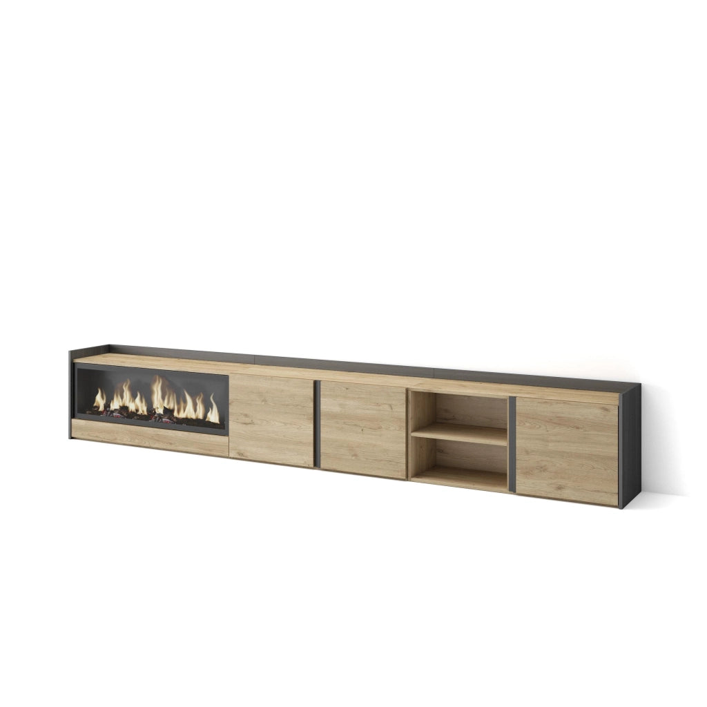 Mobile TV Soggiorno, 315x50x35 cm, Per TV fino a 80", Camino elettrico XXL, Rovere e nero