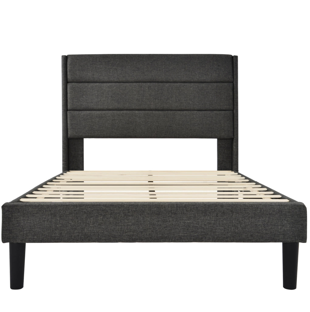 Letto imbottito 90x200 cm con testiera e rete a doghe; in tessuto lino grigio