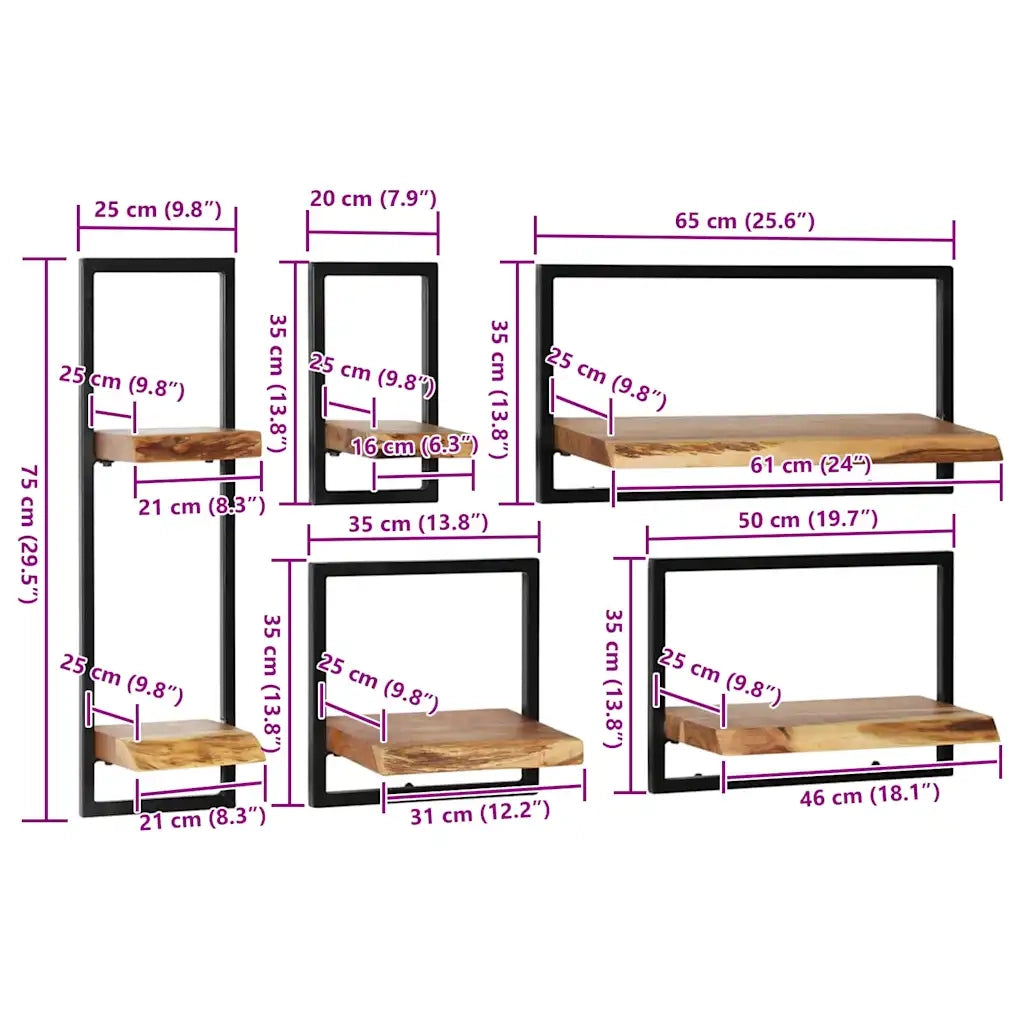 Set di 5 pz Mensole | Ripiano | Scaffale in Legno Massello di Acacia e Acciaio