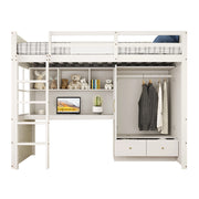 Letto a soppalco 90x200 cm con scrivania; armadio e cassetti in pino; MDF; bianco
