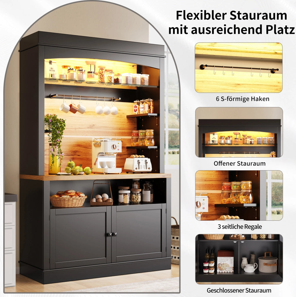 Credenza alta da cucina con LED USB, 107x43x184 cm, nera