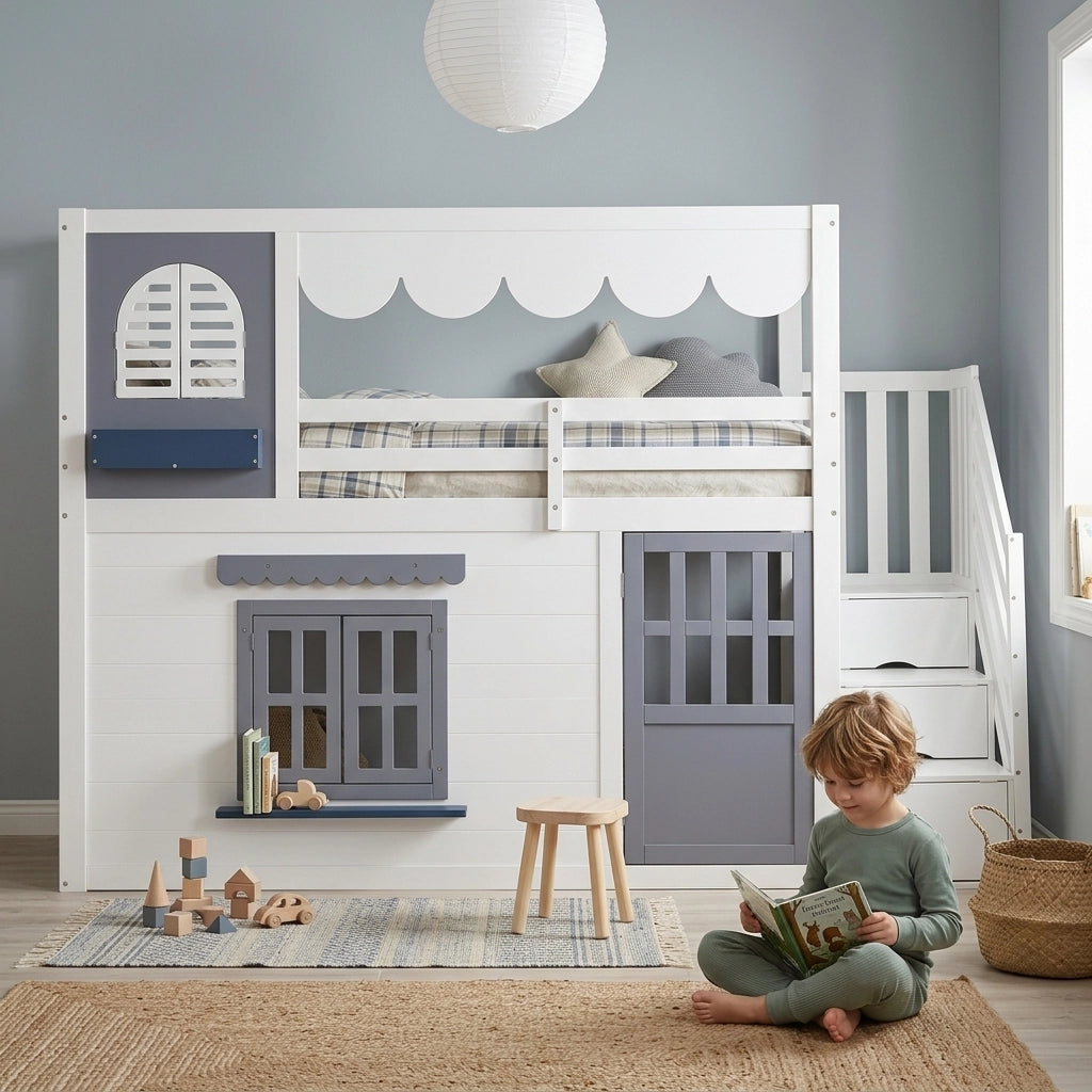 Letto a soppalco per bambini 90x200 cm bianco e blu in pino e compensato con scala contenitore
