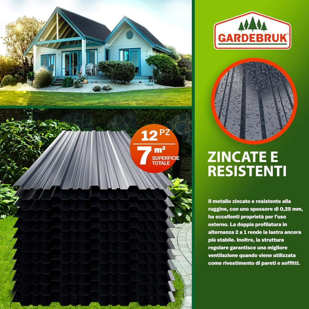 12x Lamiere Zincate Profilate in Metallo129cm x 46cm = 7m² Lastre Ondulate Trapezoidali Pannelli Resistenti Tetto Tettoia Garage Lamiera Grecata