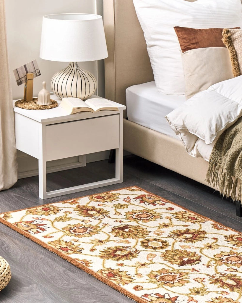 Tappeto in lana beige e marrone 80 x 150 cm a pelo fitto con motivo orientale