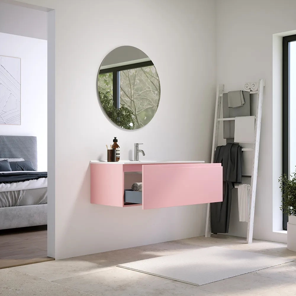 Mobile bagno sospeso 90 cm un cassetto rosa cipria opaco con lavabo | Ardenne