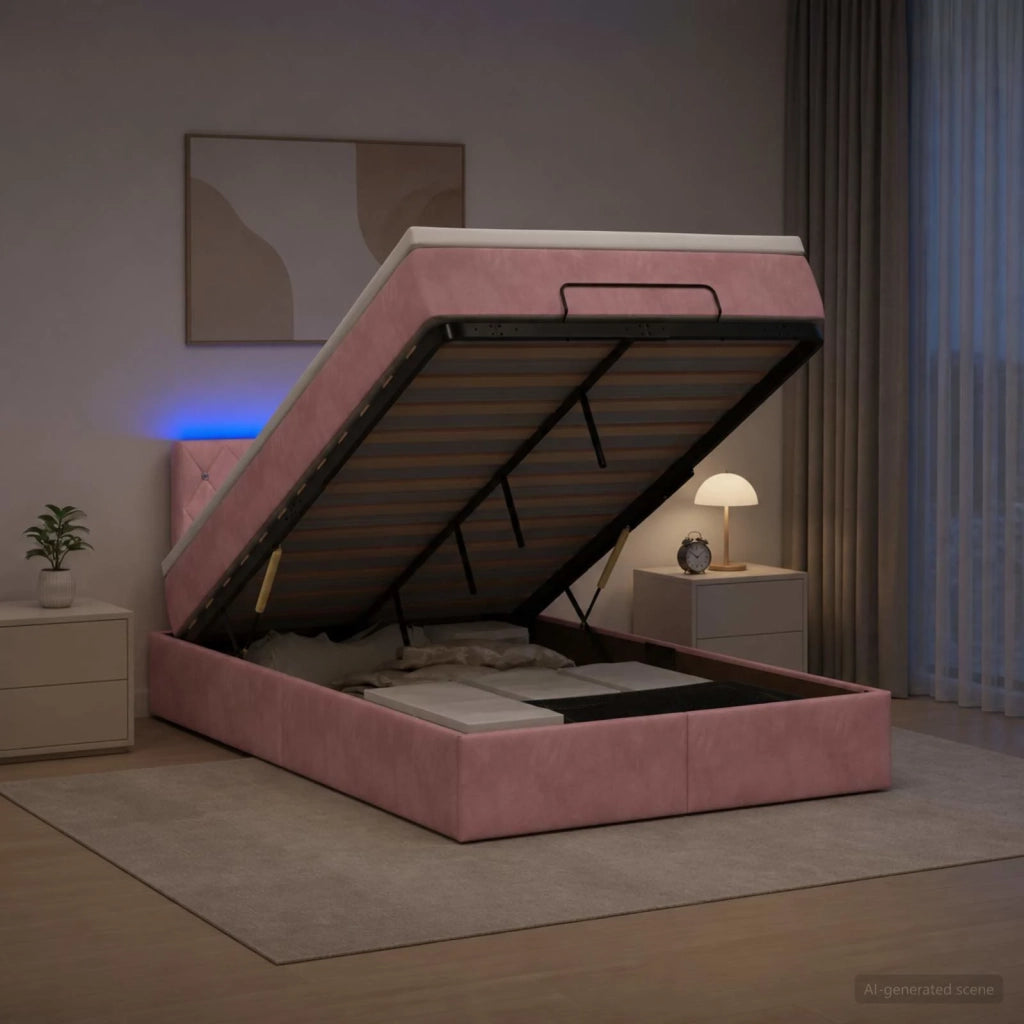 Letto Ottomano con Materasso e LED Rosa 120 x 200 cm Velluto 3457064