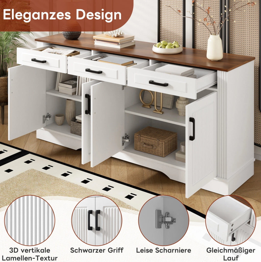 Sideboard moderno con 4 porte bugnate; 3 cassetti; 160x40x75 cm; MDF bianco