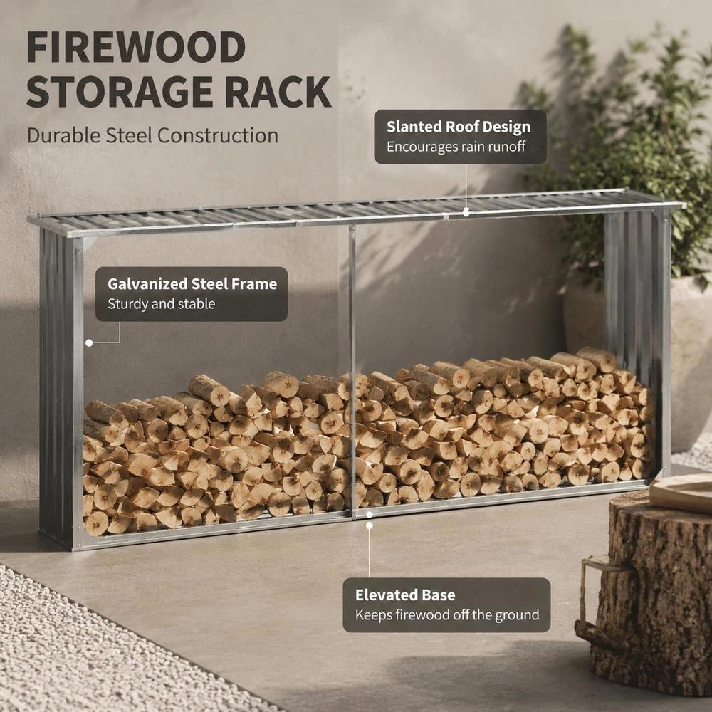 Firewood Storage Unit Made Of Galvanized Steel, 330 X 92 X 153 Cm, Grey