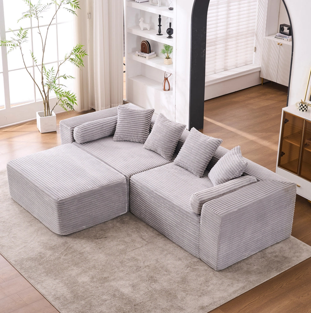 Divano modulare sezionale con chaise longue; grigio; 266x110x60 cm in foam e molle