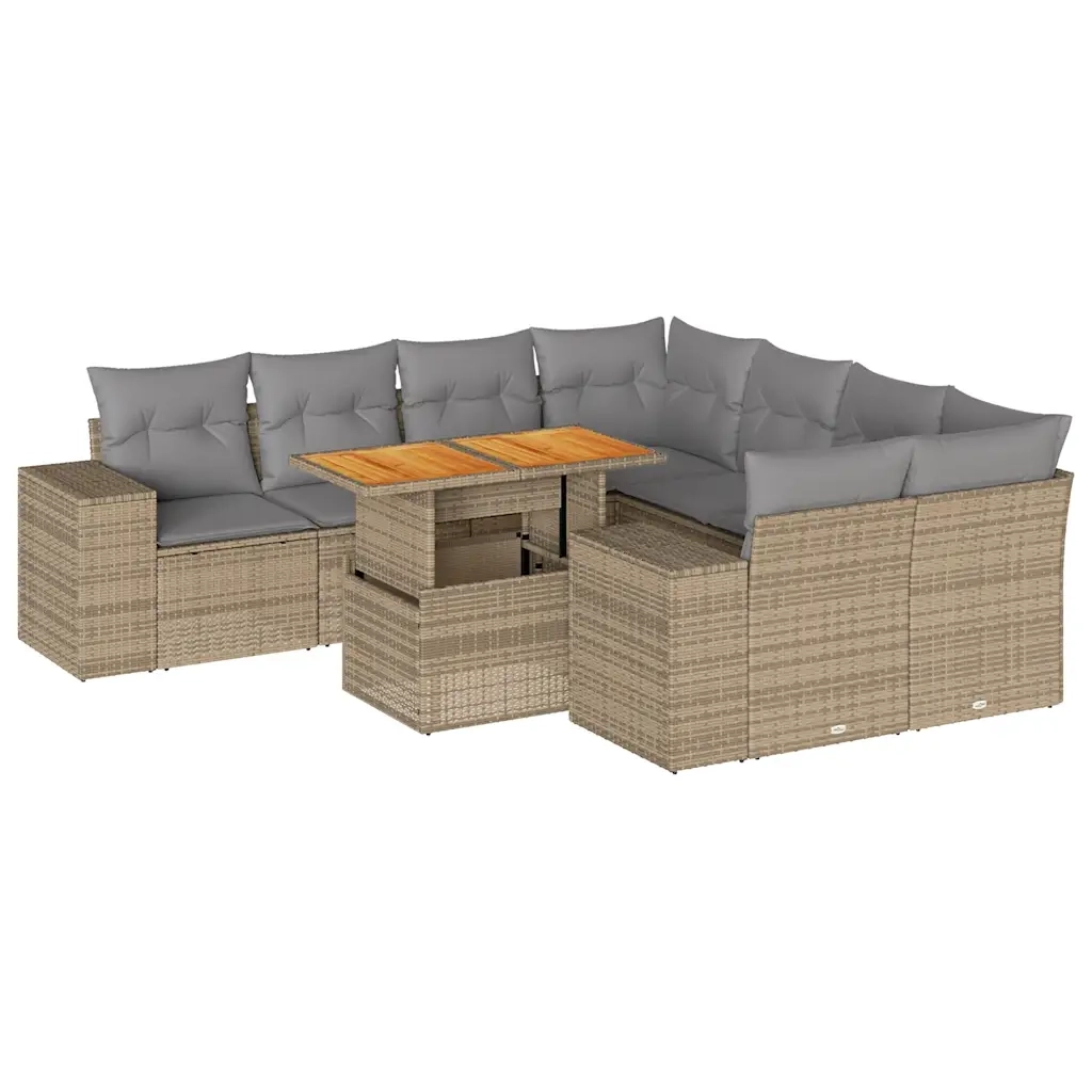Set Divano da Giardino 9 pz con Cuscini Beige in Polyrattan