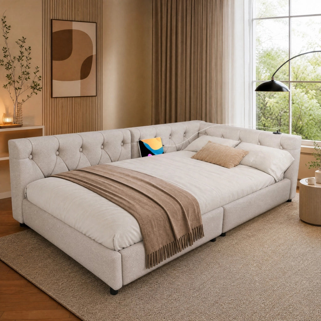 Letto daybed 90x200 cm in lino beige con rete a doghe, LED RGB, USB e Type-C, senza materasso