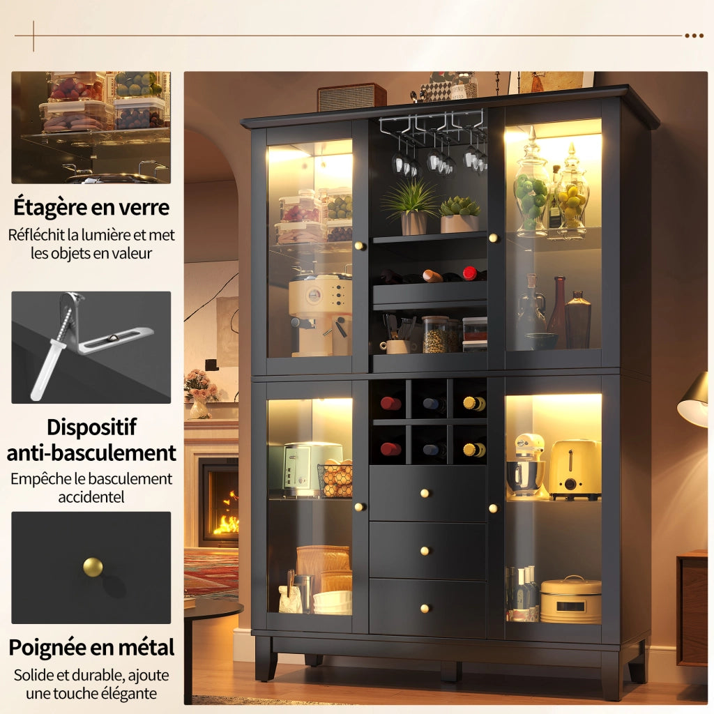 Credenza per vini con 3 cassetti; ripiani regolabili; porta bicchieri e bottiglie; LED RGB via app; per soggiorno 120 × 40 × 180;5 cm