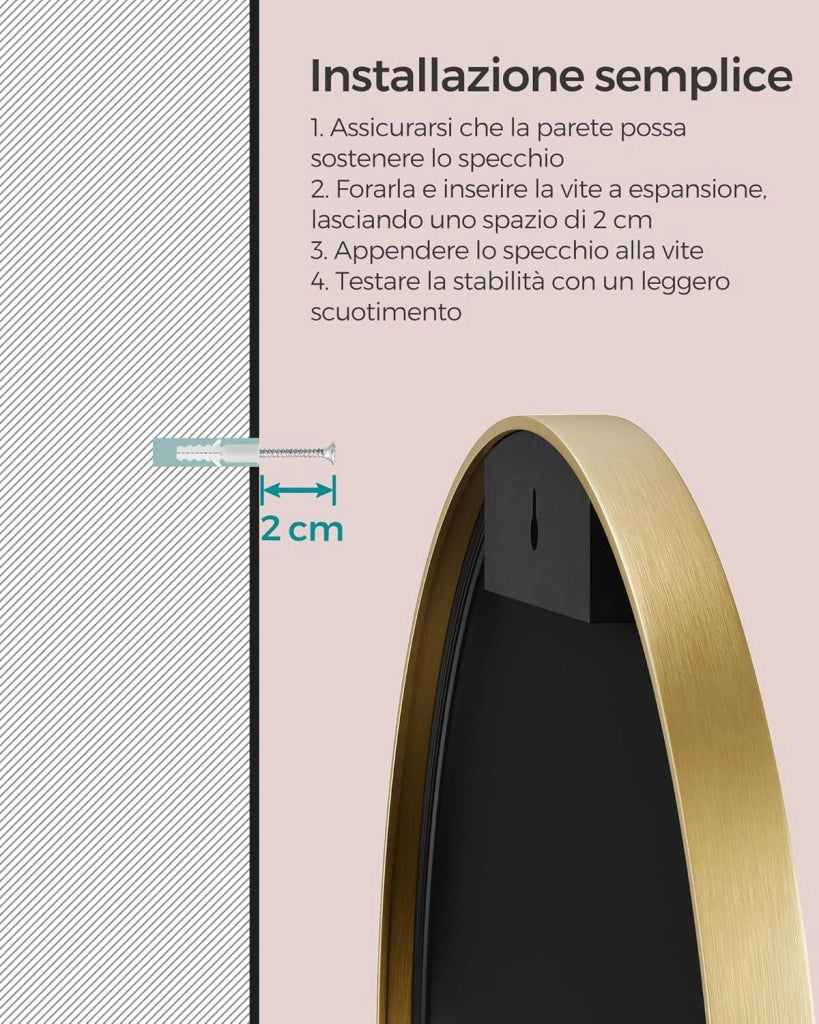 SONGMICS Specchio da Parete Rotondo, 61 cm, Specchio da Bagno, Cornice in Metallo, Facile da Montare, Specchio Moderno per Soggiorno Camera da Letto Ingresso, Oro Metallico LWM102A01