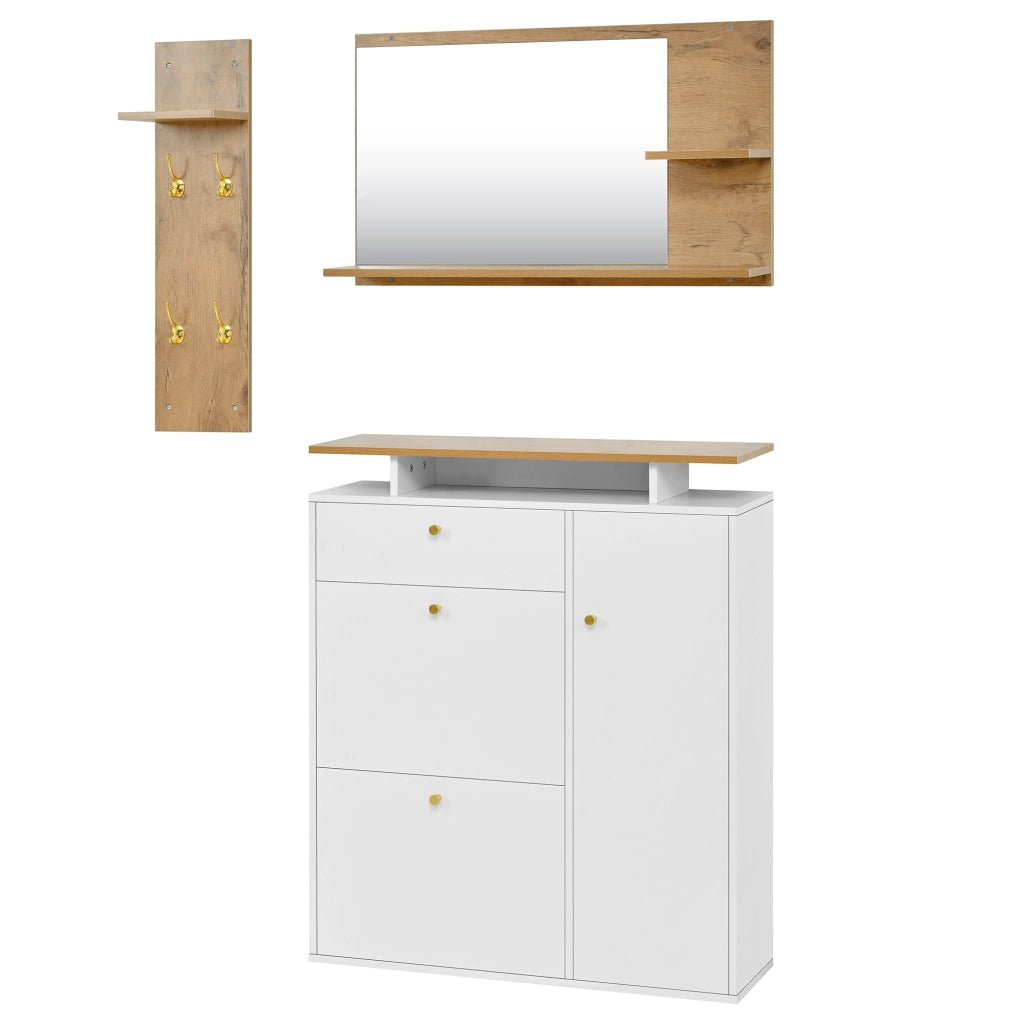Set guardaroba da ingresso 3 pezzi con LED, specchio e scarpiera bianco