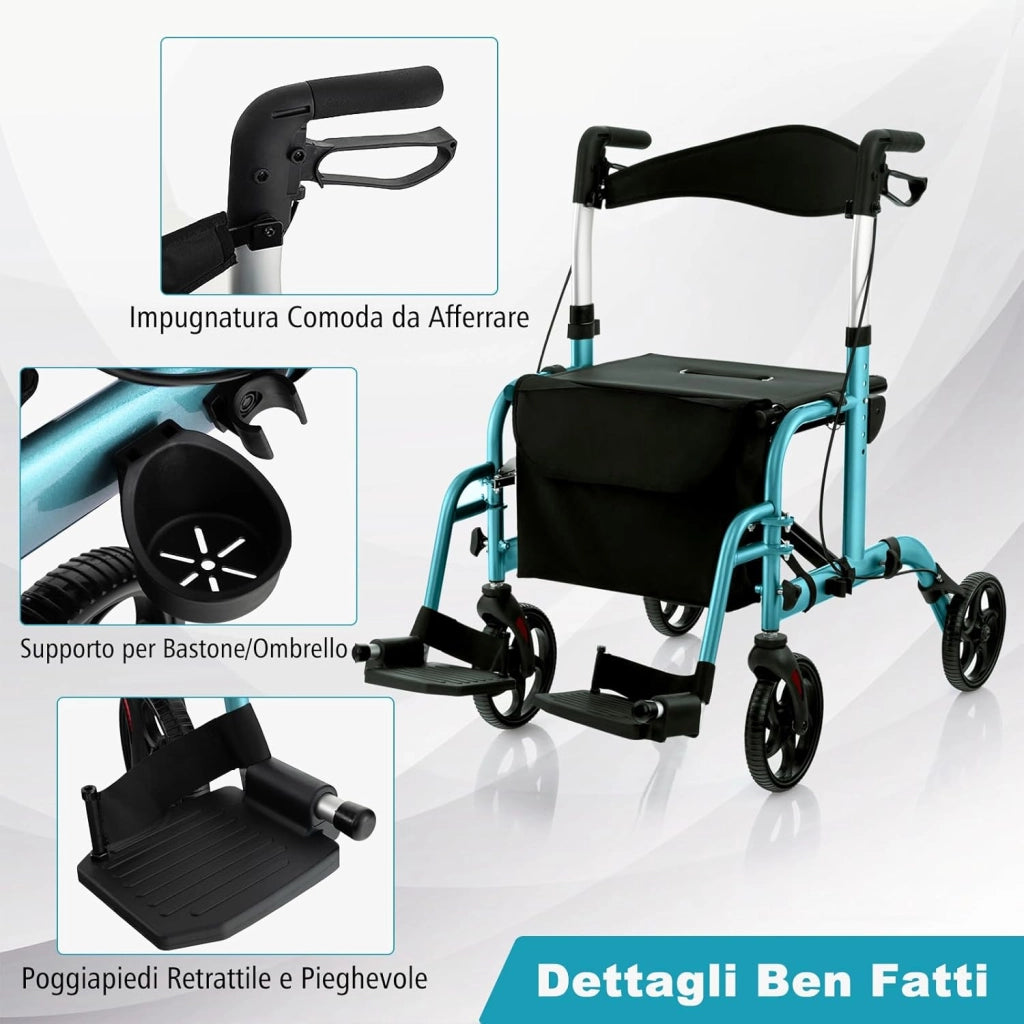 Deambulatore Multiuso 2 in 1, Deambulatore per Anziani in Alluminio con Altezza Regolabile a 6 Livelli, Poggiapiedi Pieghevole (Blu)
